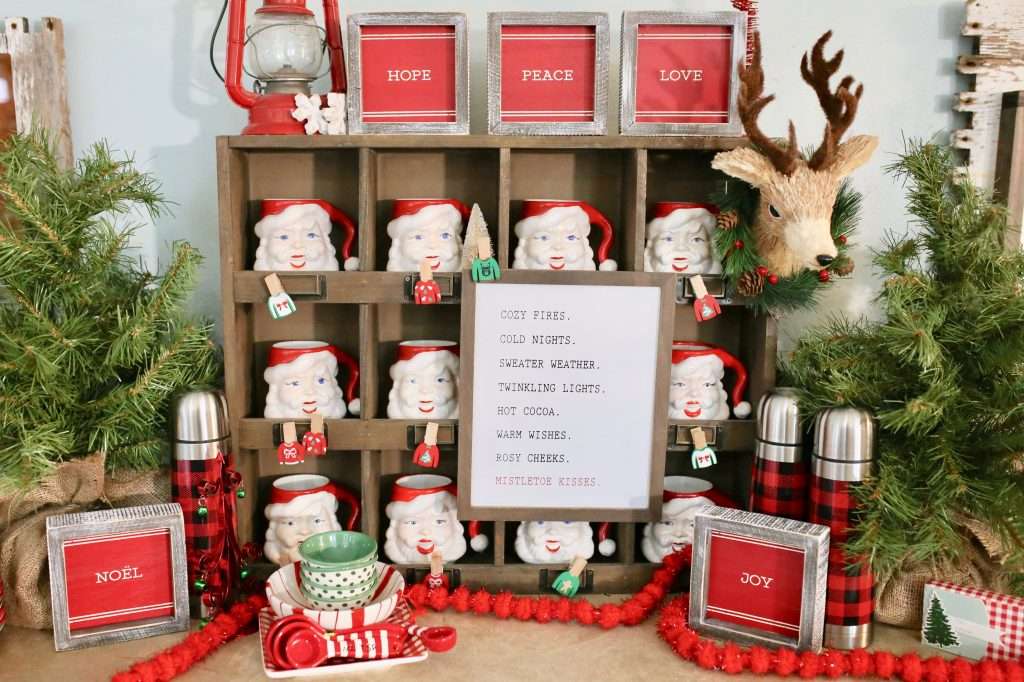 vintage santa mugs in a hot cocoa bar holiday tablescape ideas