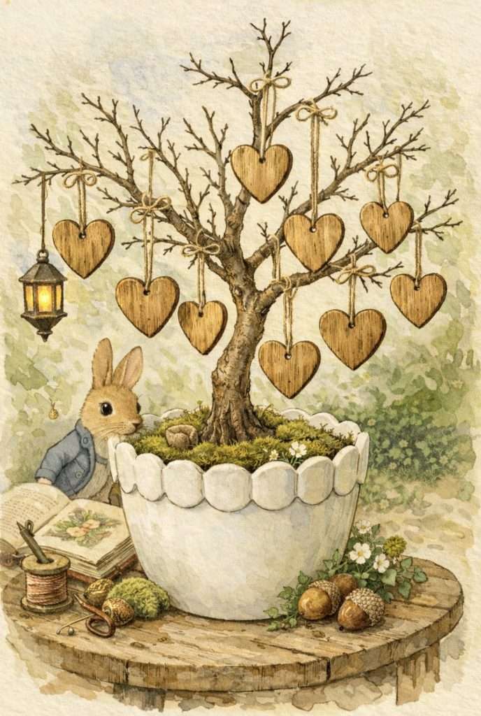 AI image of DIY valentines day tree decoration with wood hearts