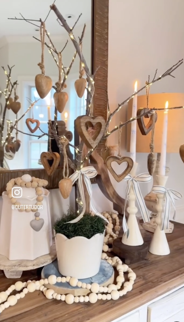 neutral Valentine's Day tree decoration made from natural elements